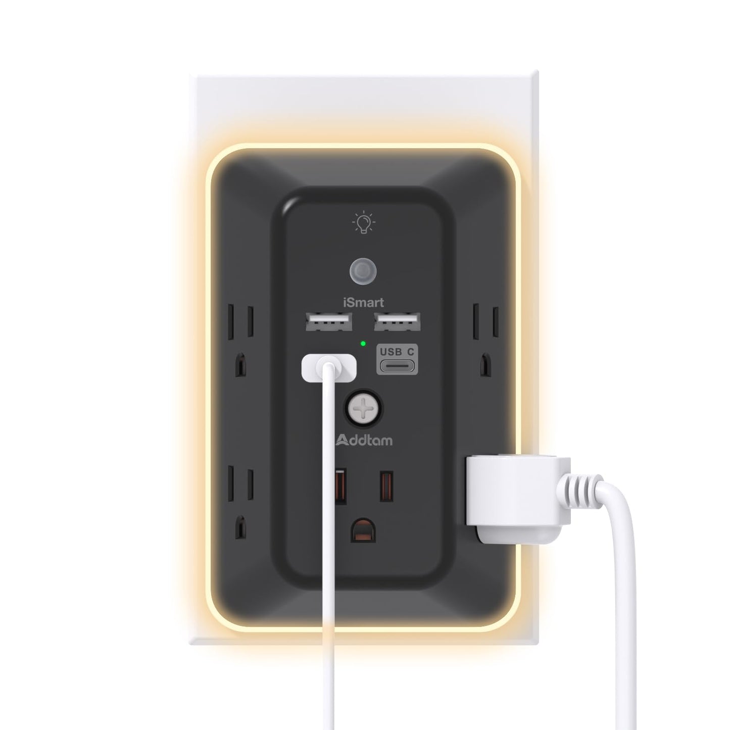 Addtam 9 In 1 USB Wall Outlet With Night Light 5 Outlets