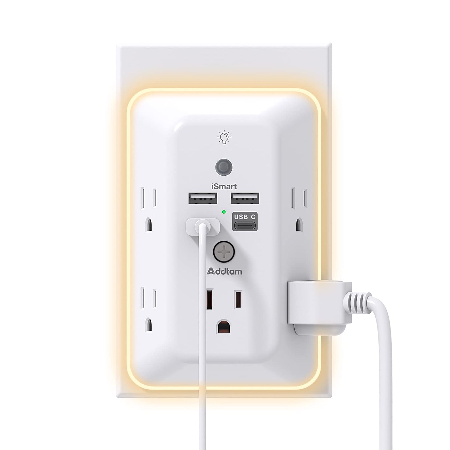Addtam 9 In 1 USB Wall Outlet With Night Light 5 Outlets