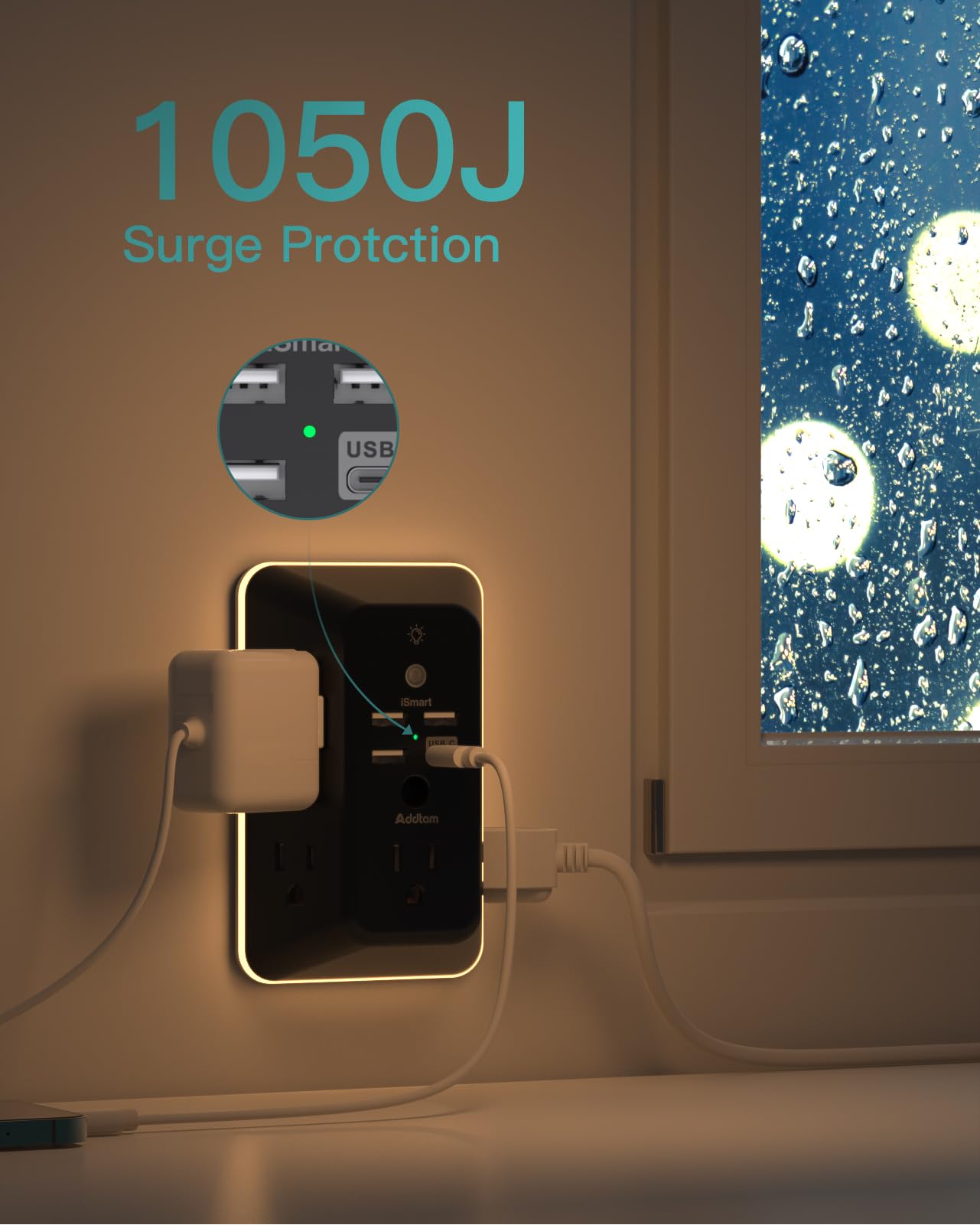 Addtam 9 In 1 USB Wall Outlet With Night Light 5 Outlets