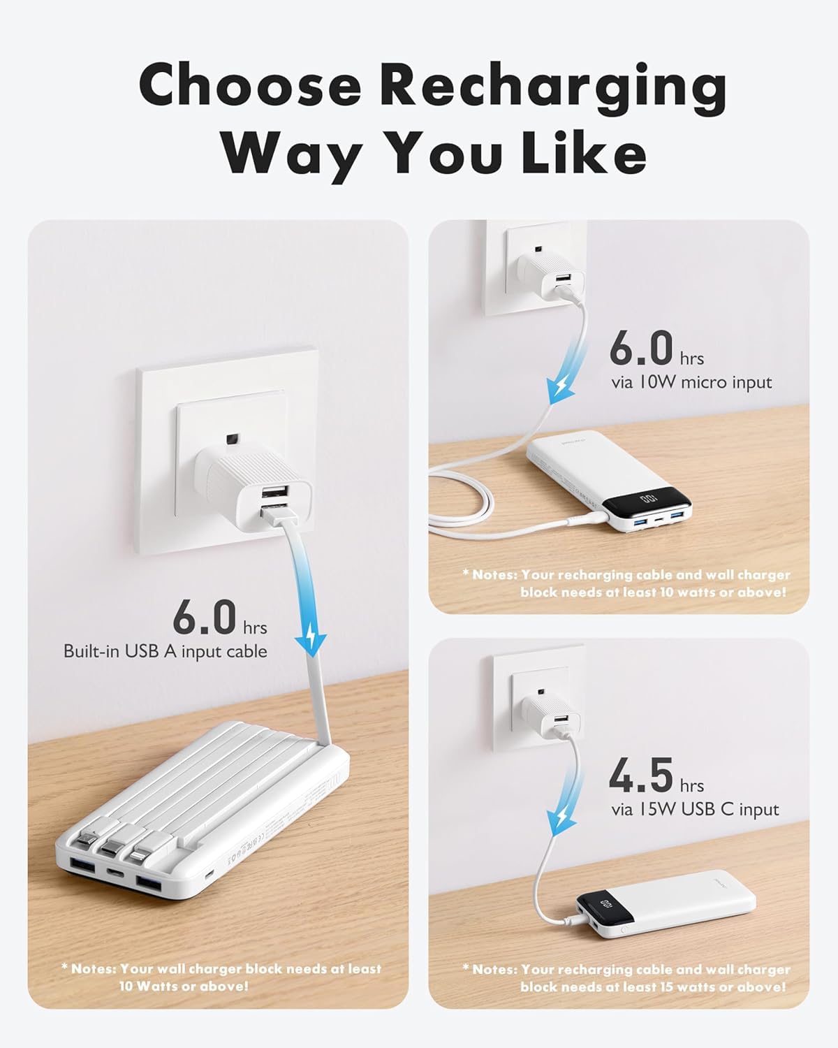 Charmast Slim 10000mAh Power Bank With Built In Cables