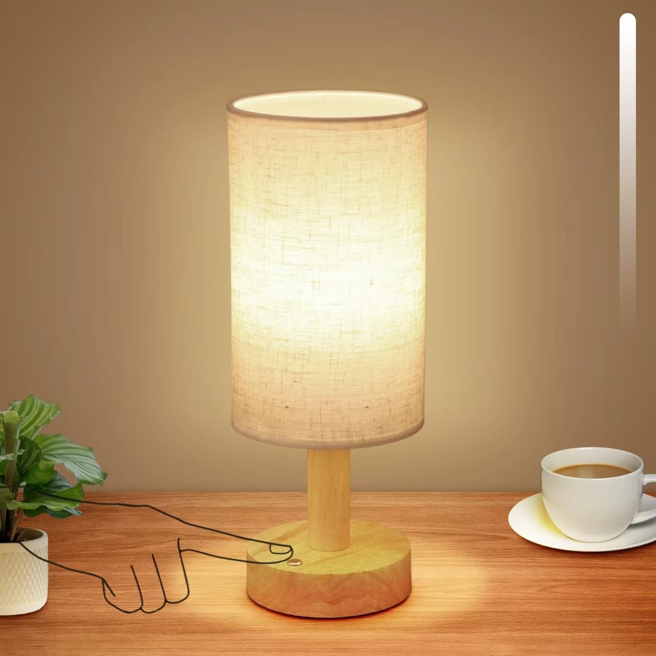 Small Bedside Lamp With Wood Base And Round Warm White Shade