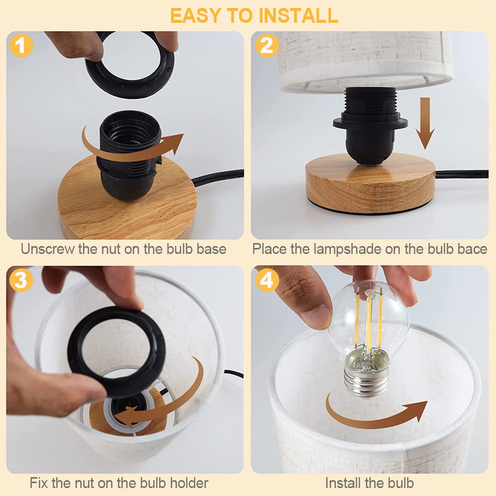 Small Bedside Lamp With Wood Base And Round Warm White Shade