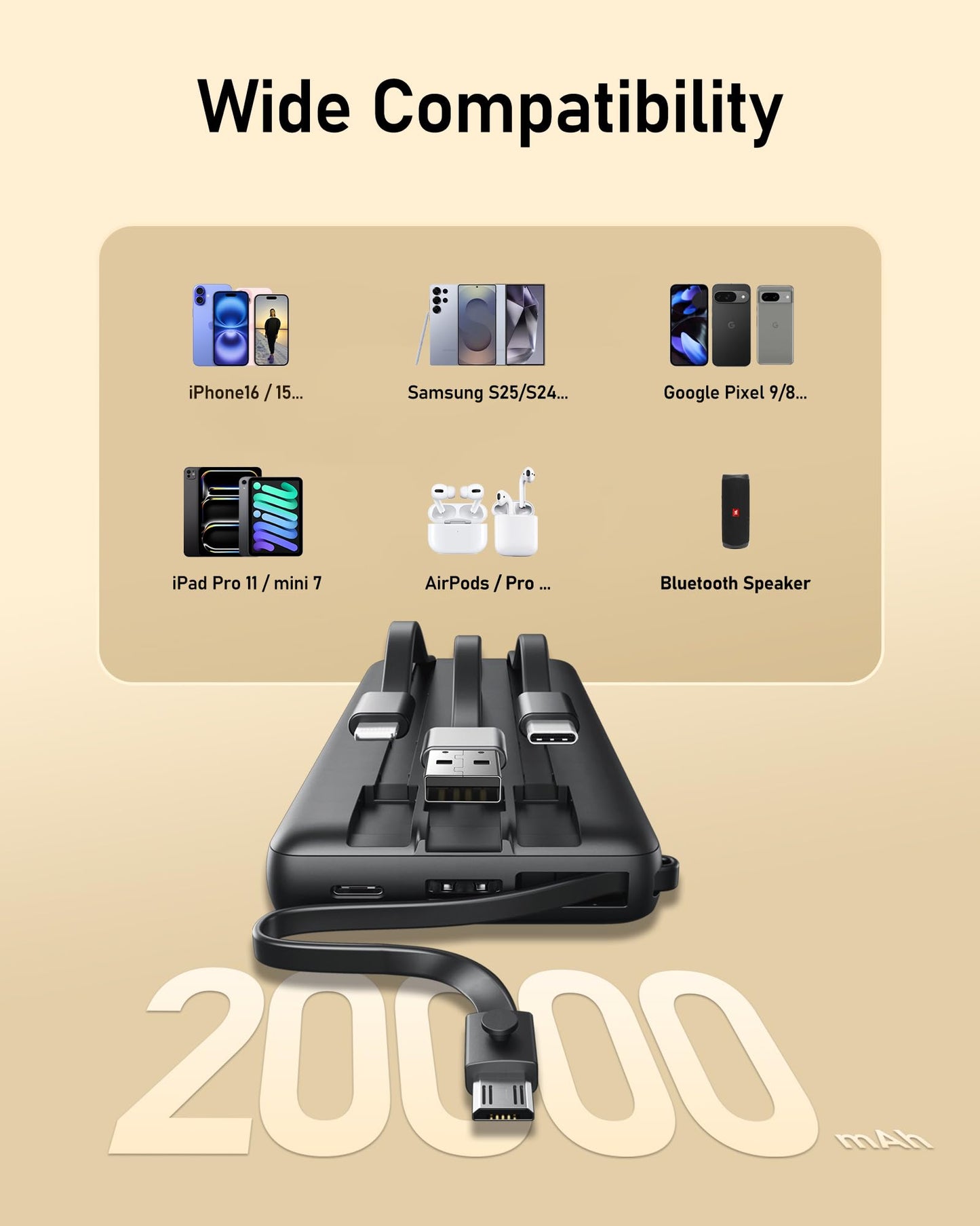 VEEKTOMX Portable Charger 10000mAh BuiltIn Cables Fast Charge