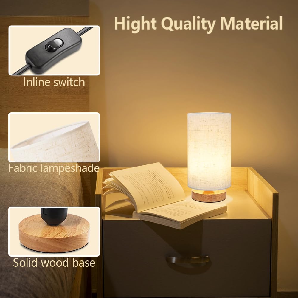 Small Bedside Lamp With Wood Base And Round Warm White Shade