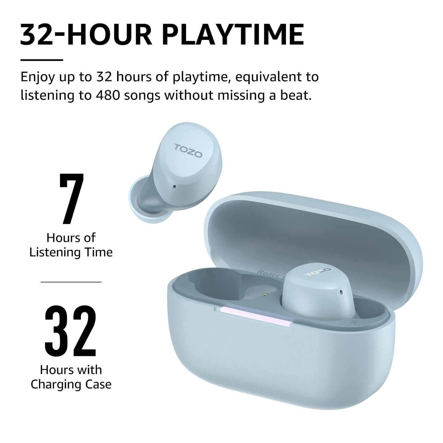 TOZO A1 Wireless Earbuds Bluetooth 5.3 Light Weight in Ear IPX5 Waterproof Headphones 2 Mic for AI Calls, Immersive Premium Sound Bass Headset with Charging Case, 32 Presets EQ Customization via App