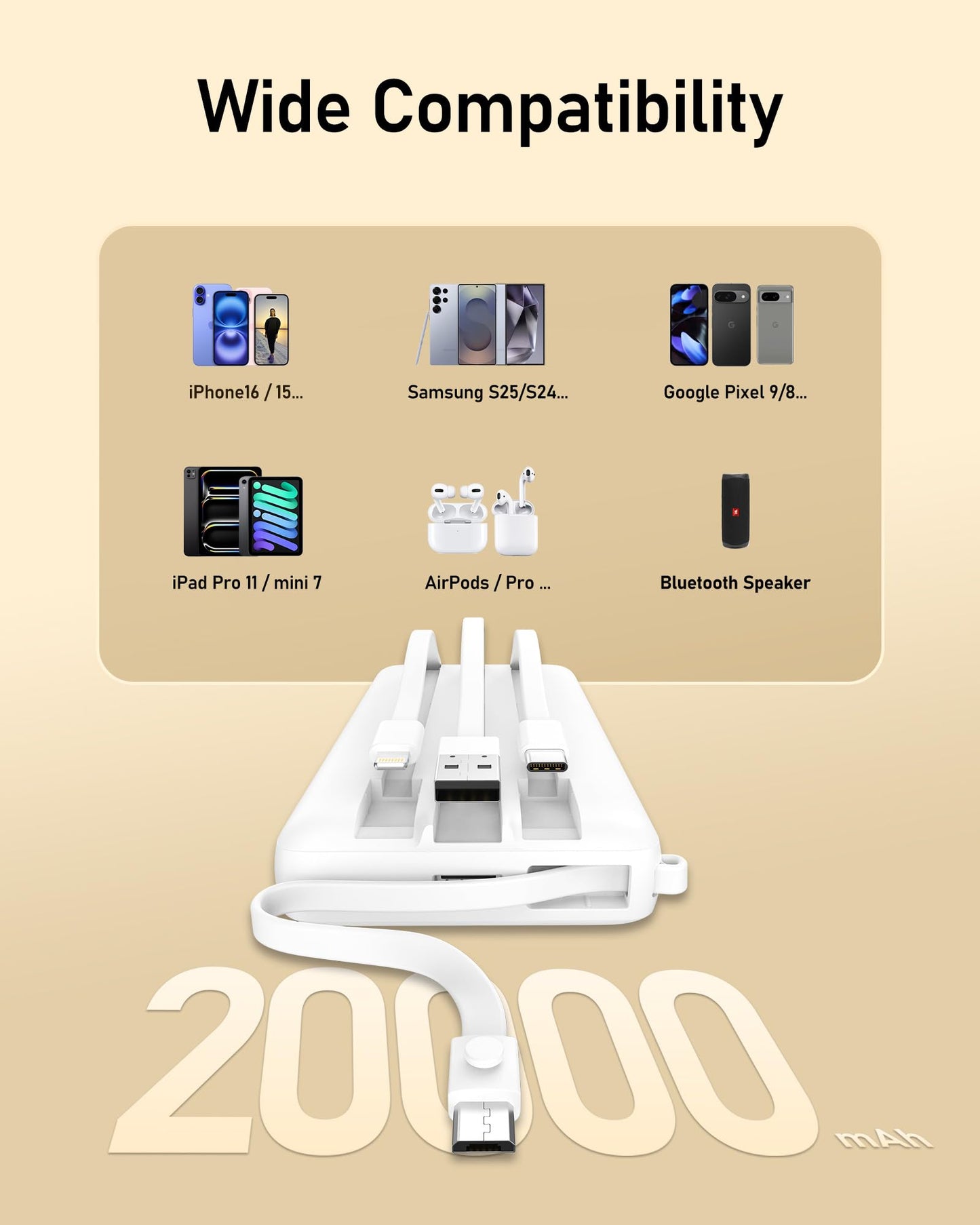 VEEKTOMX Portable Charger 10000mAh BuiltIn Cables Fast Charge