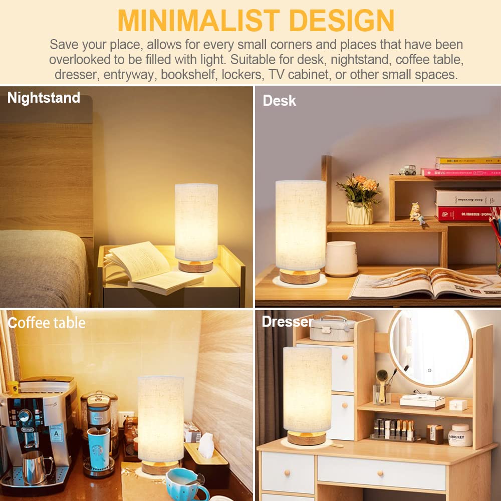 Small Bedside Lamp With Wood Base And Round Warm White Shade