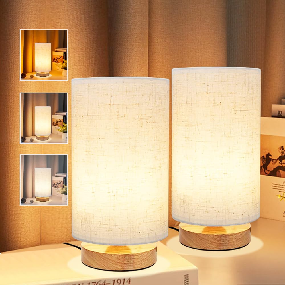 Small Bedside Lamp With Wood Base And Round Warm White Shade