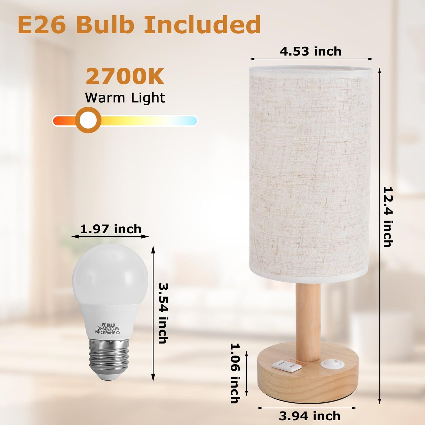 Small Bedside Lamp With Wood Base And Round Warm White Shade