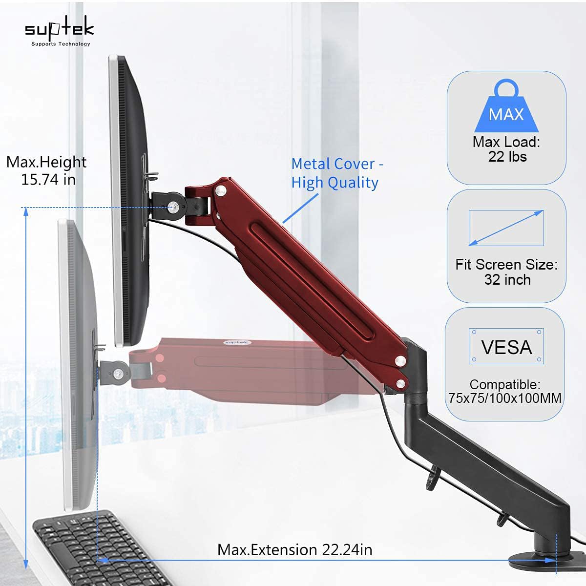Suptek Gas Spring Monitor Arm Desk Mount Fits 17 to 32 Inch