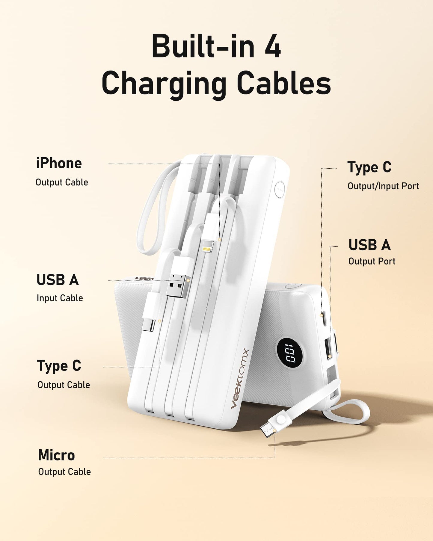 VEEKTOMX Portable Charger 10000mAh BuiltIn Cables Fast Charge