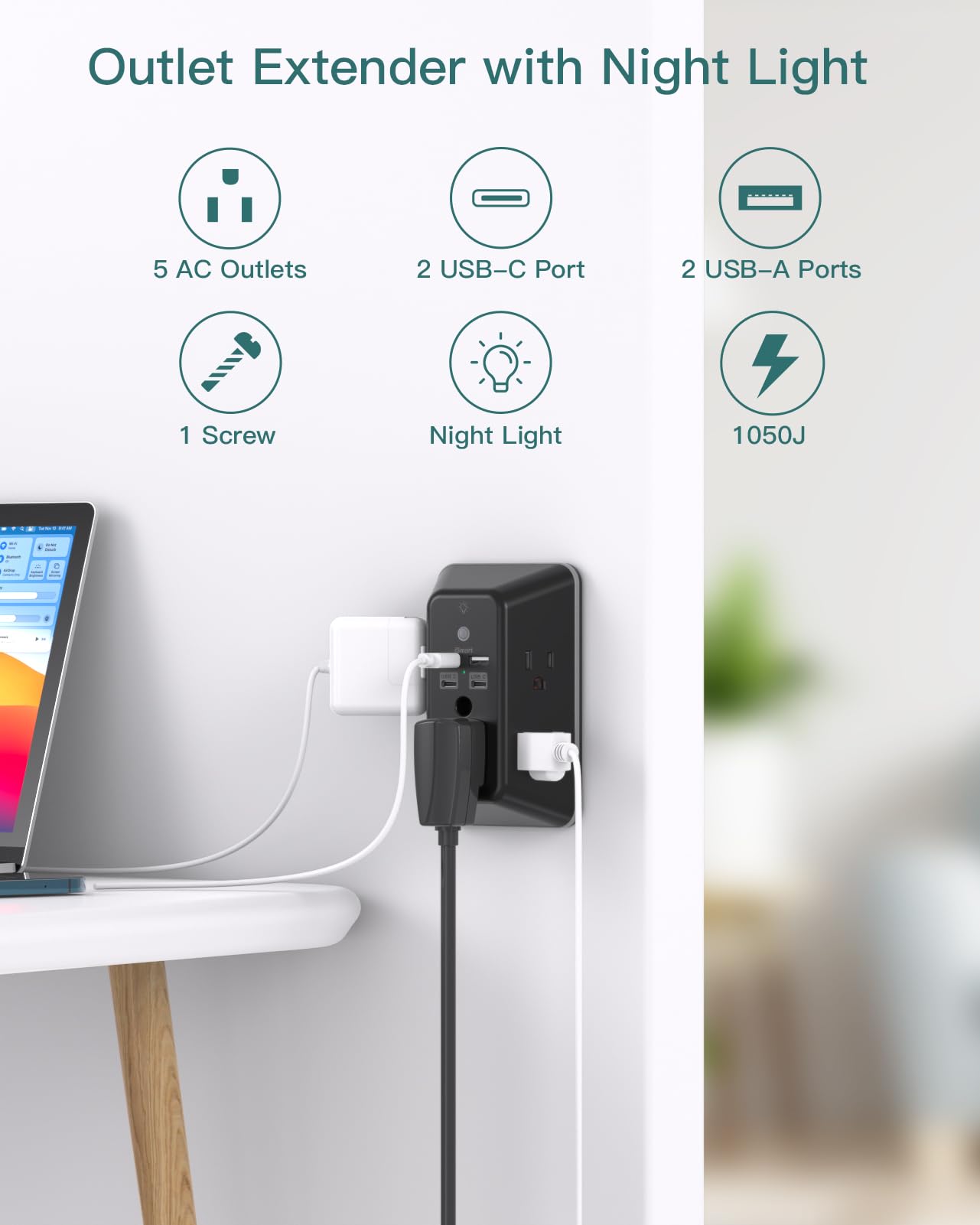 Addtam 9 In 1 USB Wall Outlet With Night Light 5 Outlets