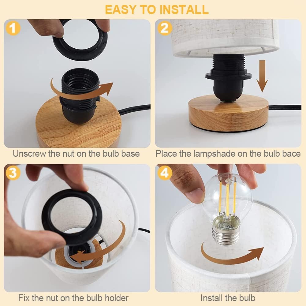 Small Bedside Lamp With Wood Base And Round Warm White Shade