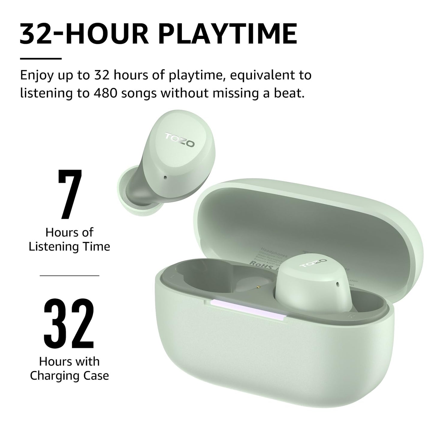 TOZO A1 Wireless Earbuds Bluetooth 5.3 Light Weight in Ear IPX5 Waterproof Headphones 2 Mic for AI Calls, Immersive Premium Sound Bass Headset with Charging Case, 32 Presets EQ Customization via App