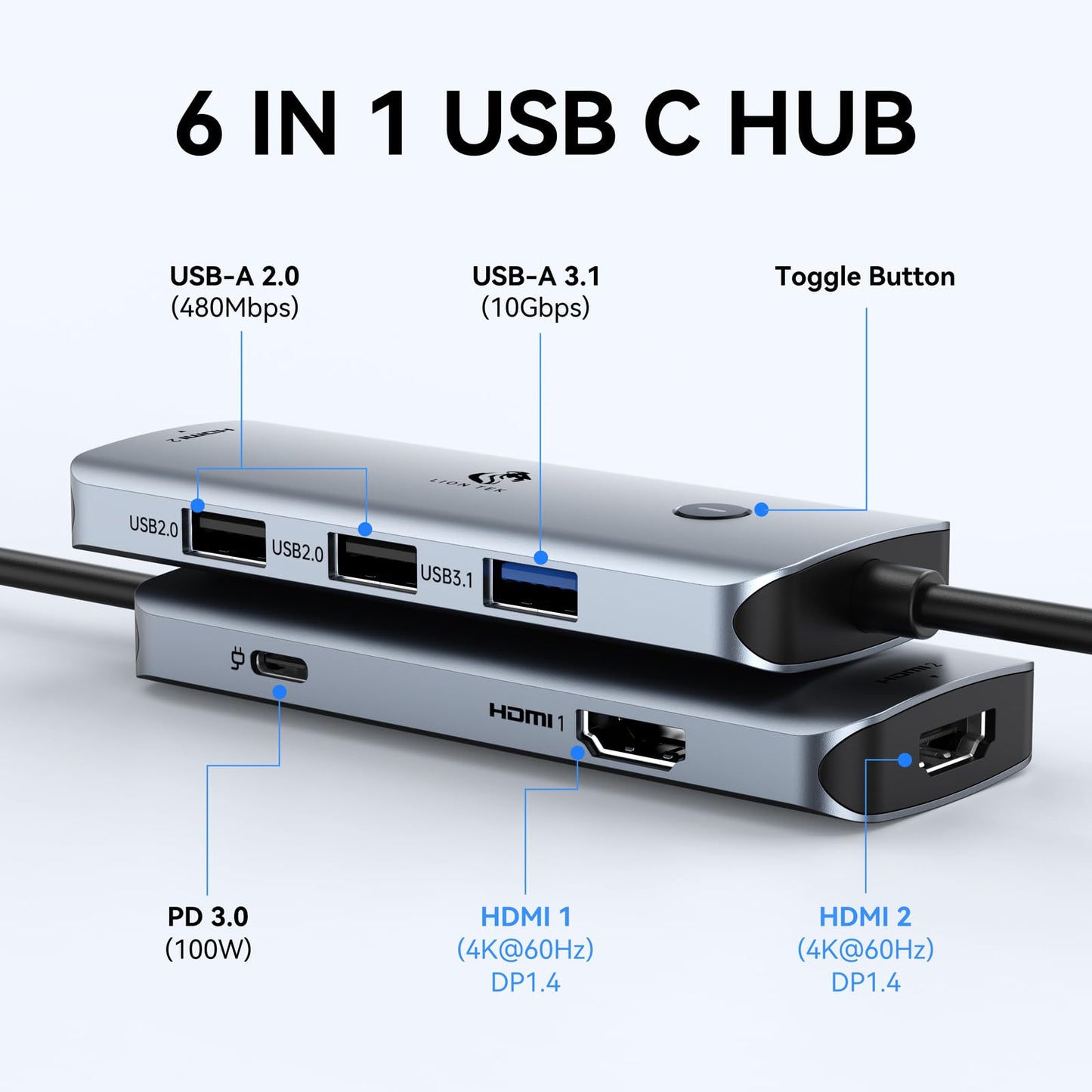 USB C Docking Station Dual Monitor 4K HDMI Hub 6 In 1