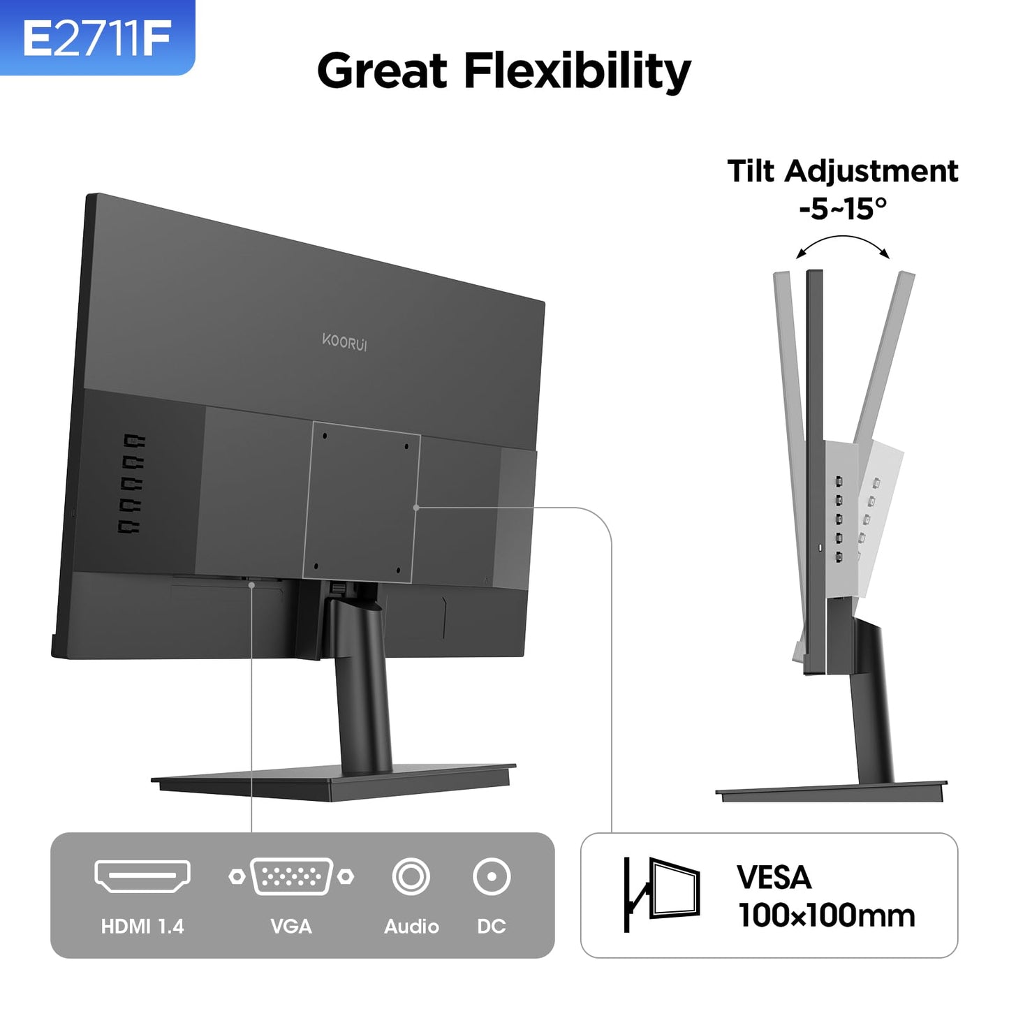 KOORUI 27 Inch IPS Monitor 1080p 100Hz HDMI VGA VESA Tilt