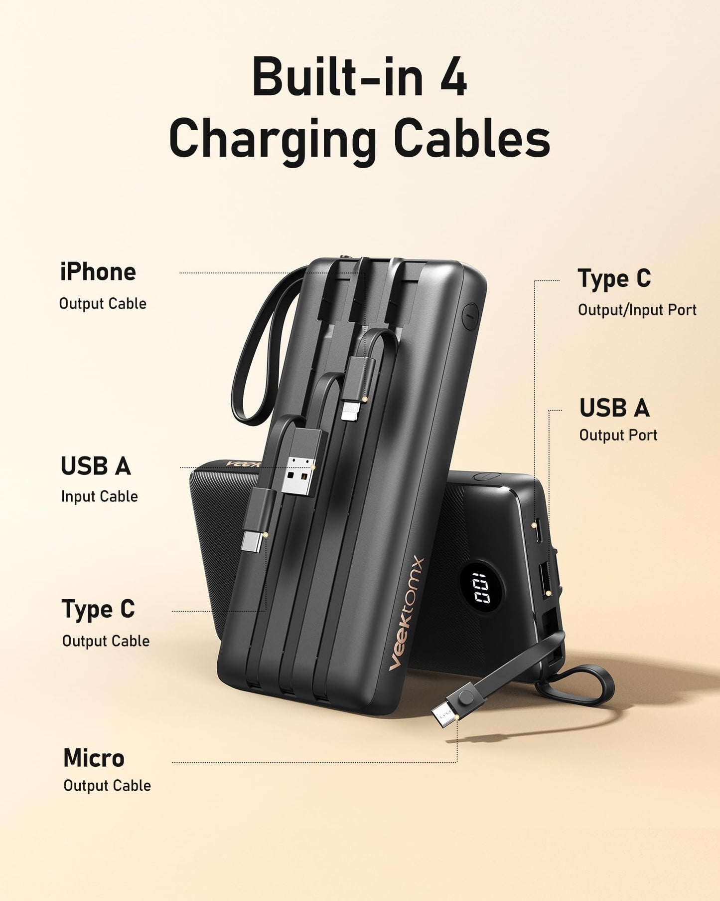 VEEKTOMX Portable Charger 10000mAh BuiltIn Cables Fast Charge