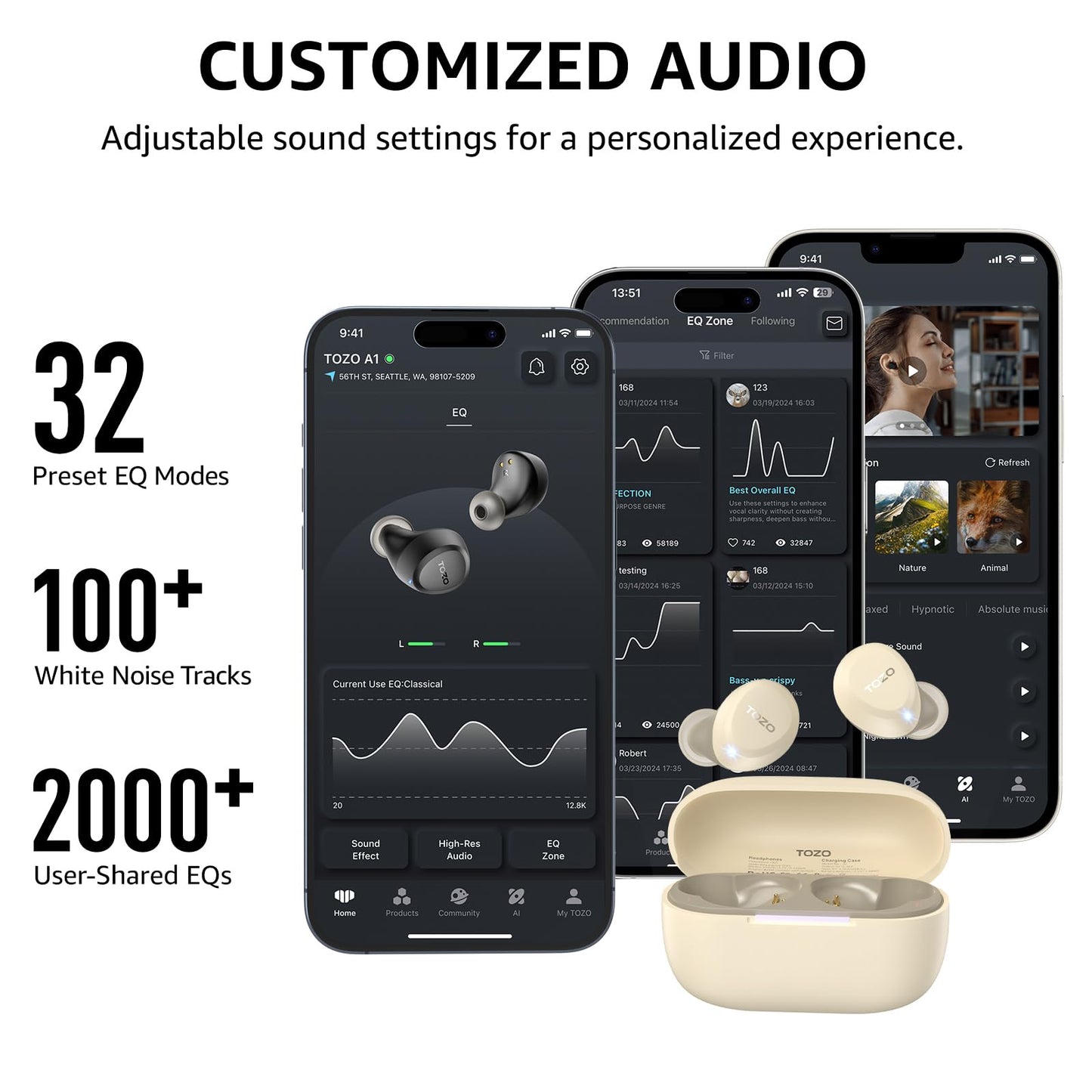 TOZO A1 Wireless Earbuds Bluetooth 5.3 Light Weight in Ear IPX5 Waterproof Headphones 2 Mic for AI Calls, Immersive Premium Sound Bass Headset with Charging Case, 32 Presets EQ Customization via App