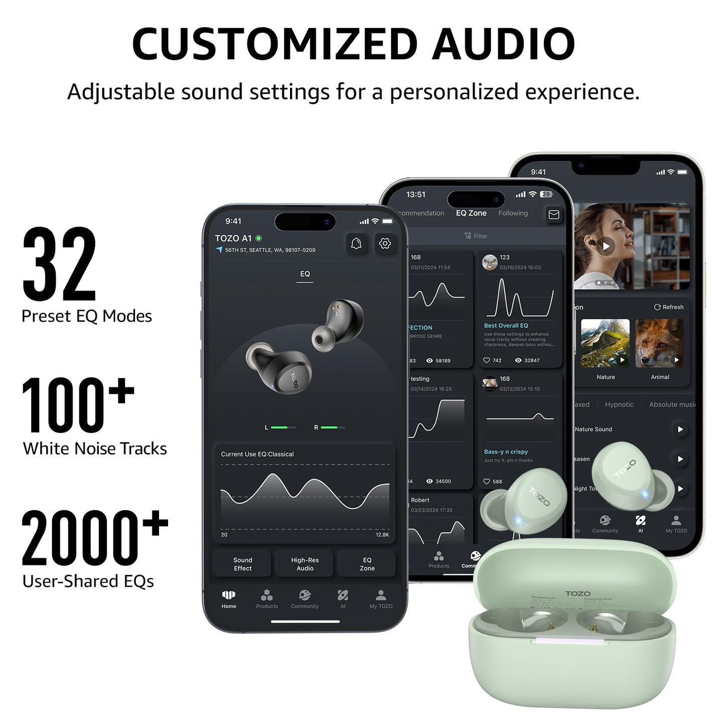 TOZO A1 Wireless Earbuds Bluetooth 5.3 Light Weight in Ear IPX5 Waterproof Headphones 2 Mic for AI Calls, Immersive Premium Sound Bass Headset with Charging Case, 32 Presets EQ Customization via App