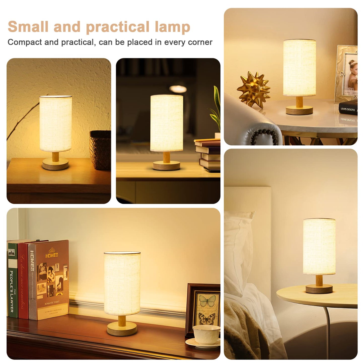 Small Bedside Lamp With Wood Base And Round Warm White Shade