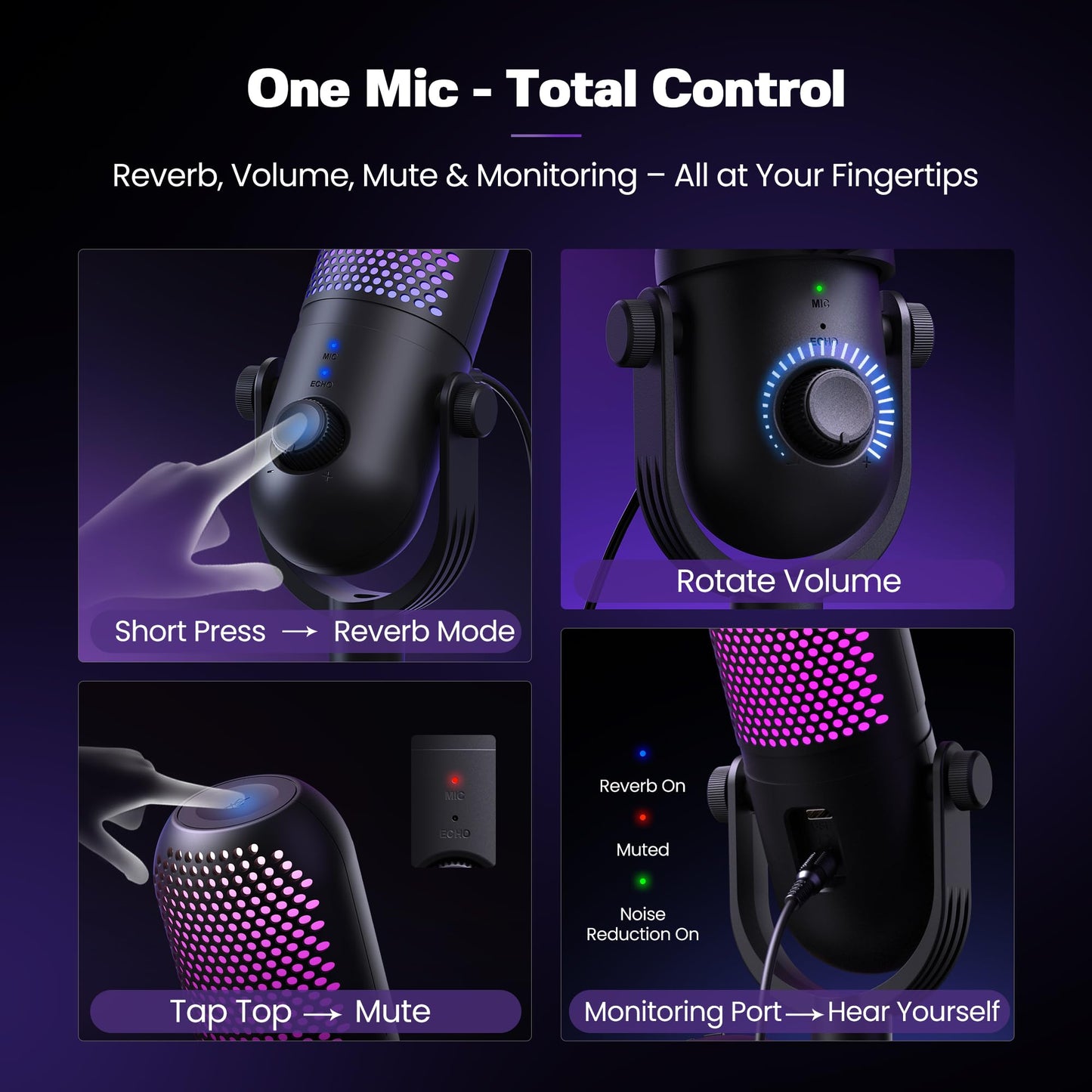USB Gaming Microphone With RGB Lighting Quick Mute Stand