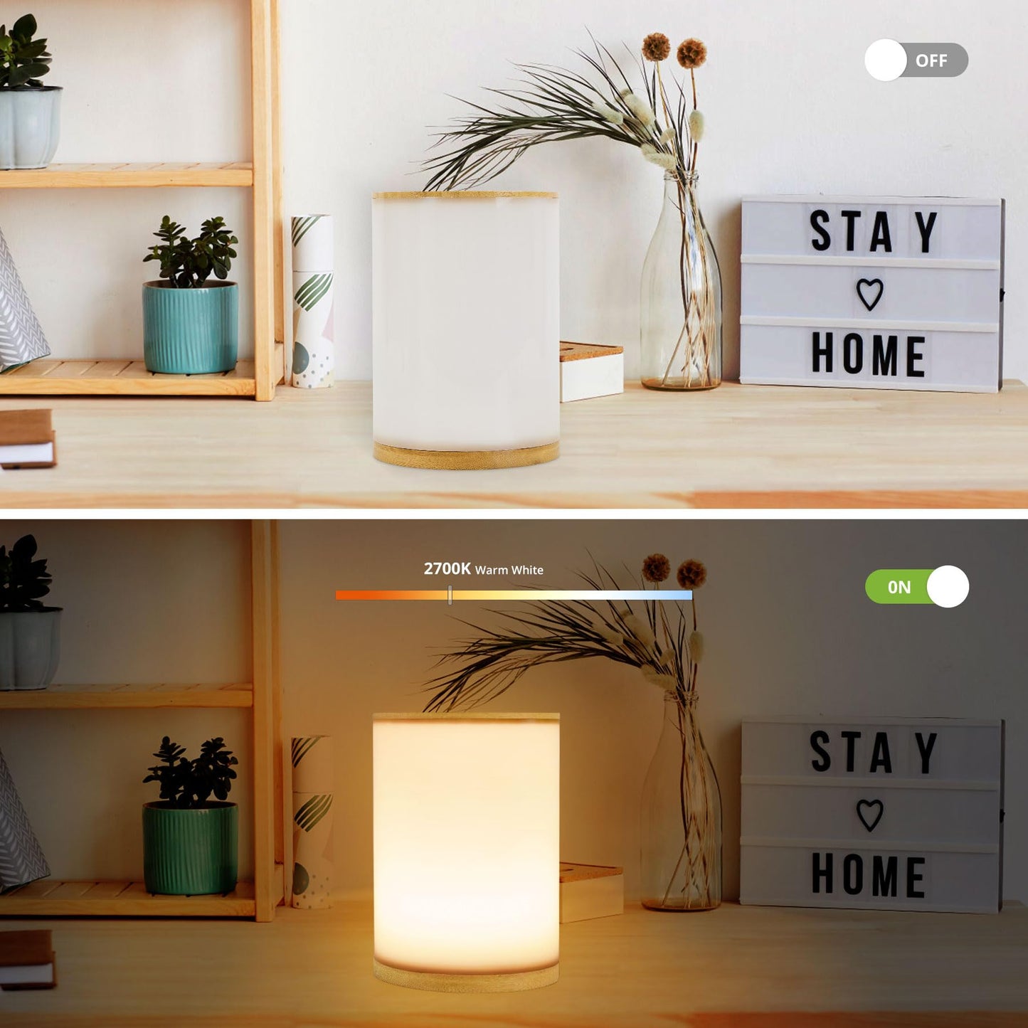 Small Bedside Lamp With Wood Base And Round Warm White Shade