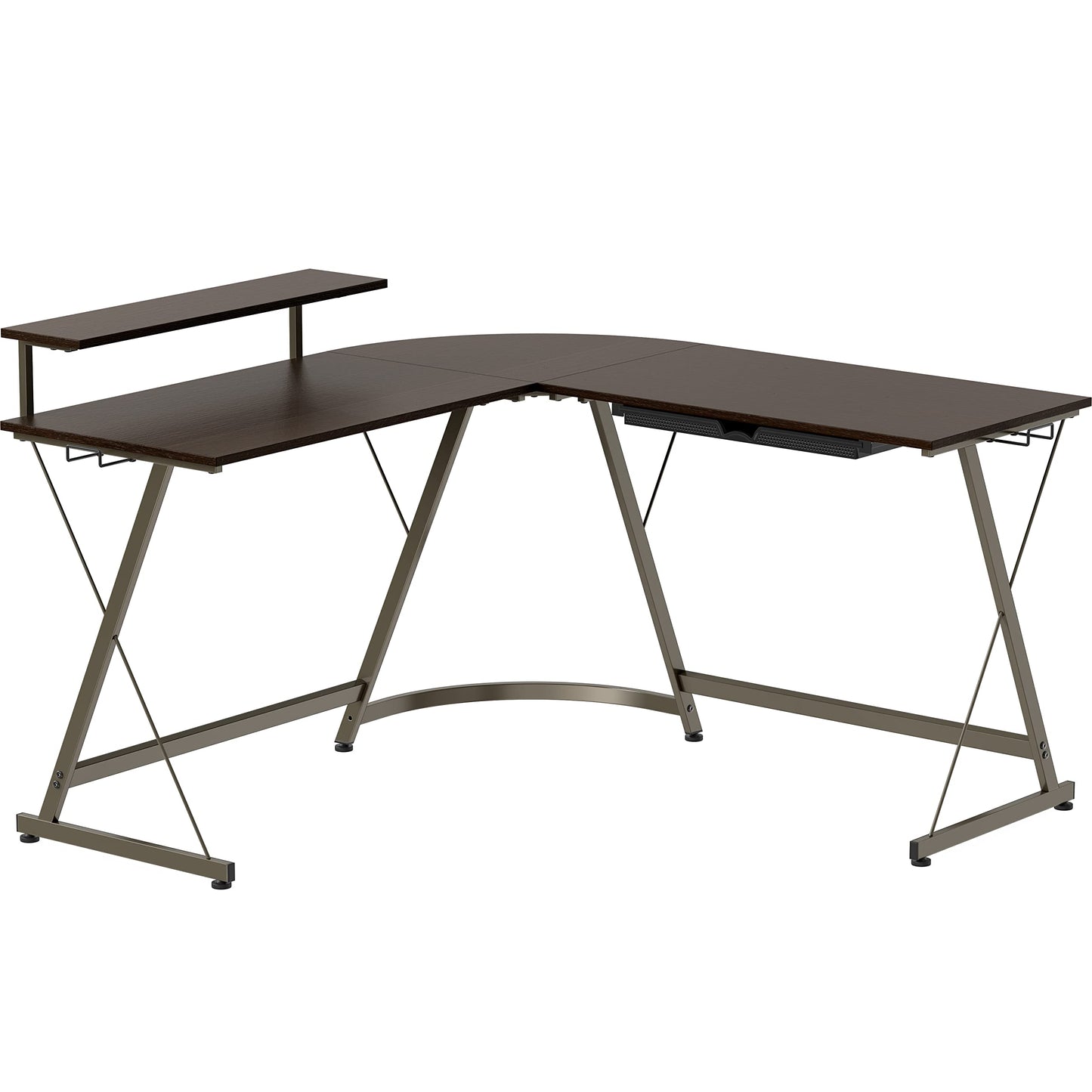 L Shaped Black Desk with Monitor Stand and Drawer