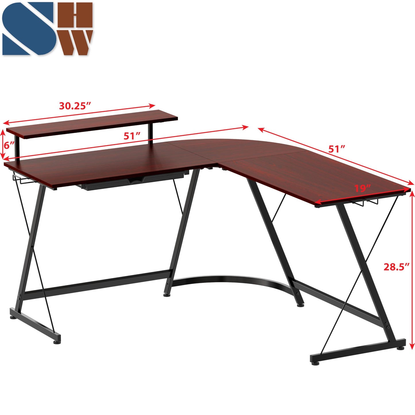 L Shaped Black Desk with Monitor Stand and Drawer