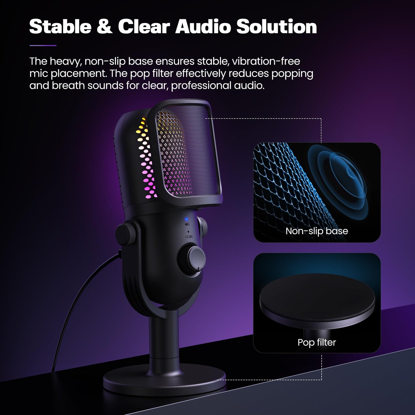 USB Gaming Microphone With RGB Lighting Quick Mute Stand