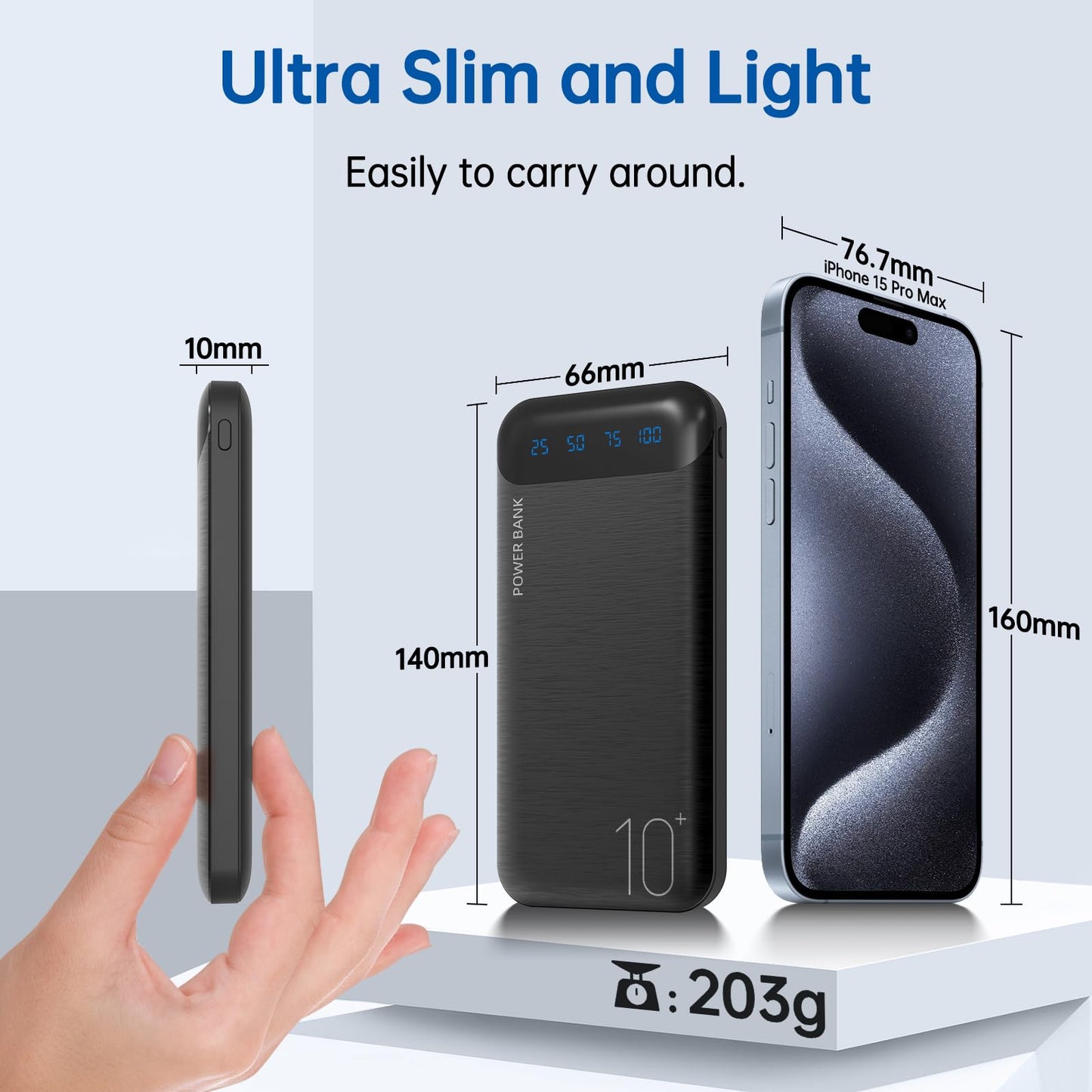Power Bank 10000mAh Portable Charger Slim Battery Pack USB C