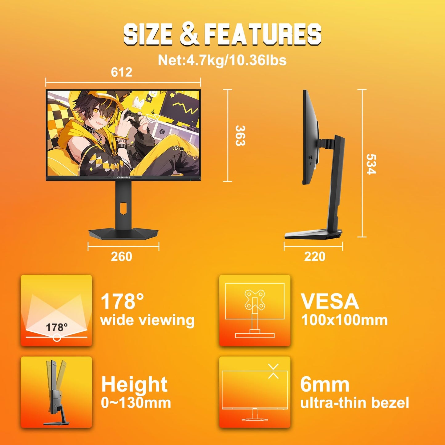 Sansui 27 Inch WQHD Gaming Monitor 180Hz 1ms DP HDMI HDR