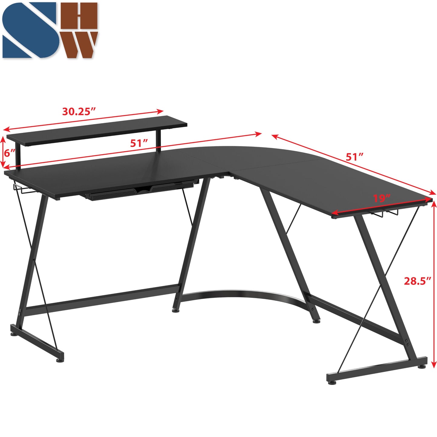 L Shaped Black Desk with Monitor Stand and Drawer