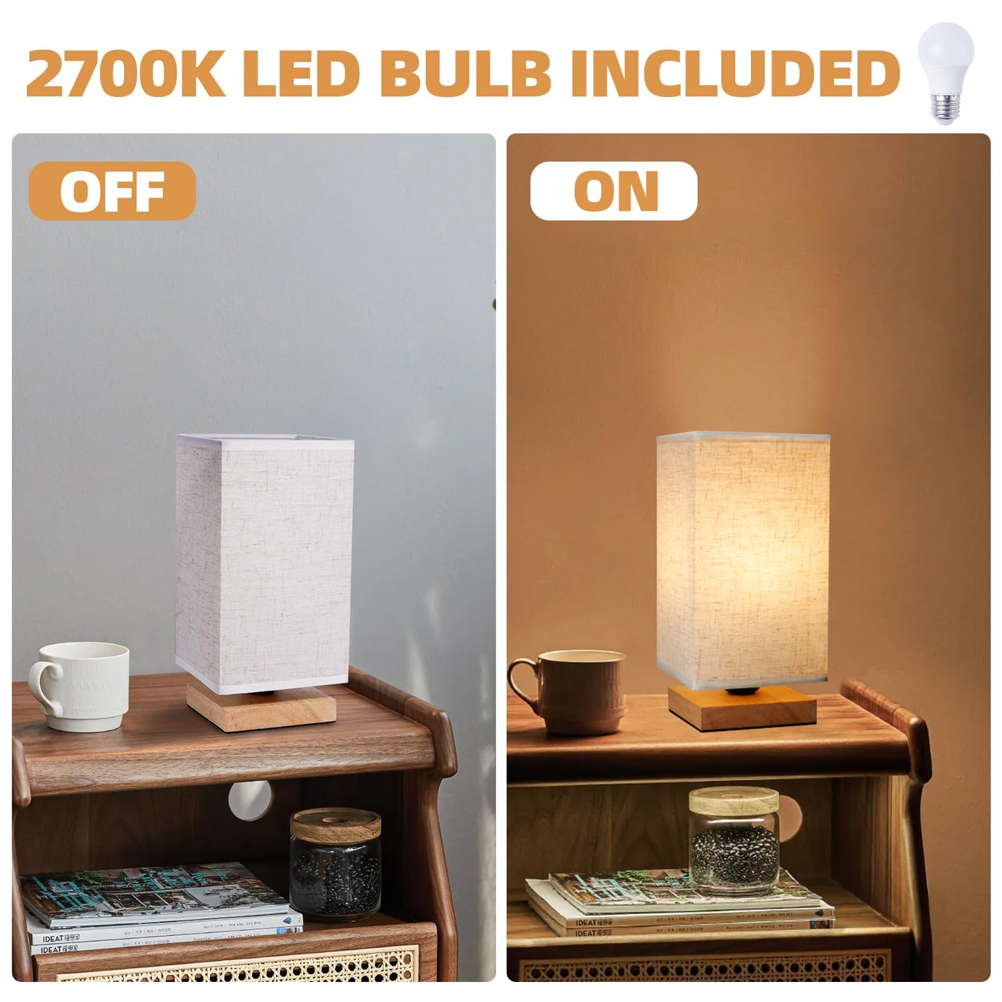Small Bedside Lamp With Wood Base And Round Warm White Shade
