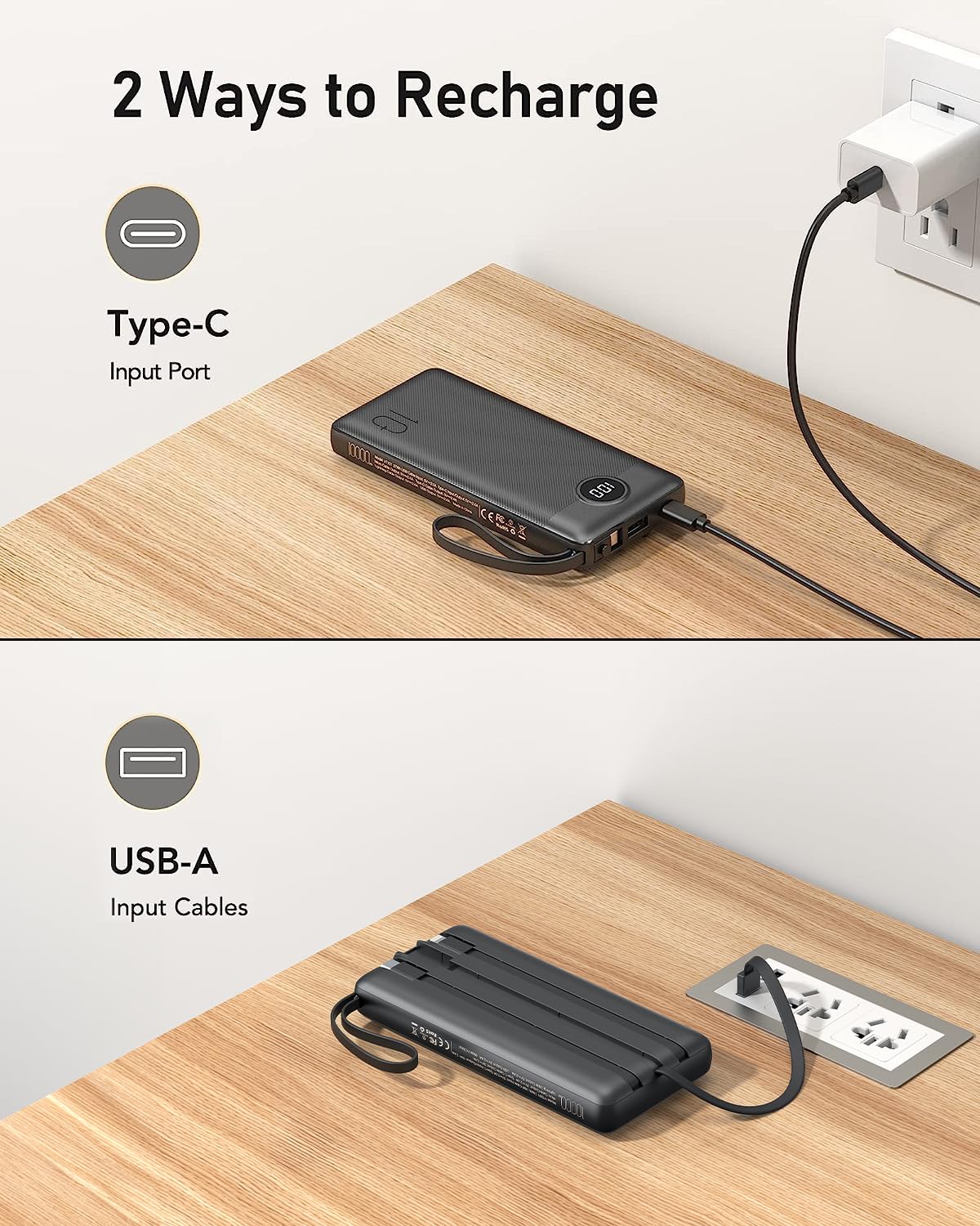 VEEKTOMX Portable Charger 10000mAh BuiltIn Cables Fast Charge