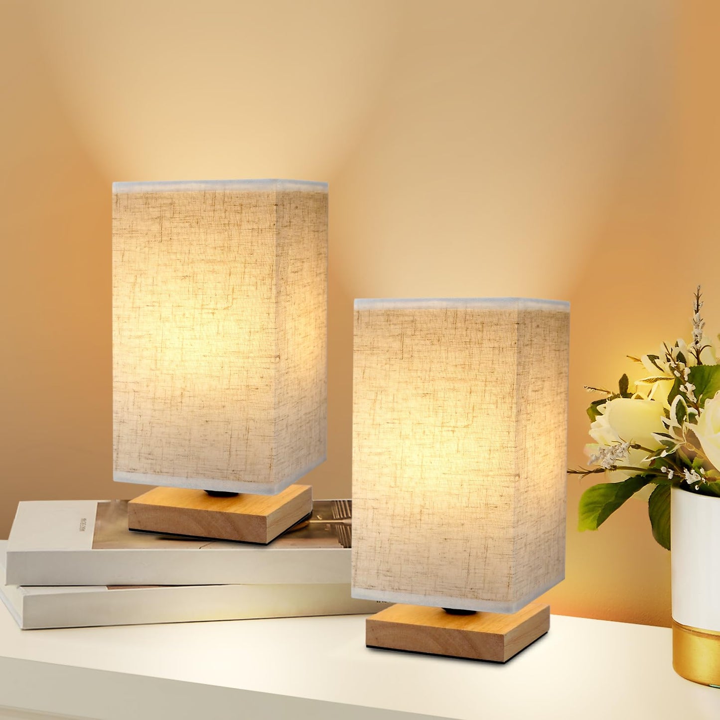 Small Bedside Lamp With Wood Base And Round Warm White Shade