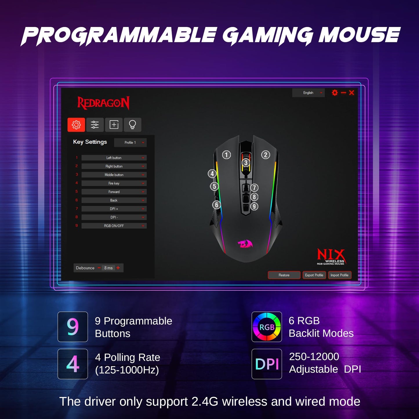 Redragon Wireless Gaming Mouse with 8000 DPI Performance