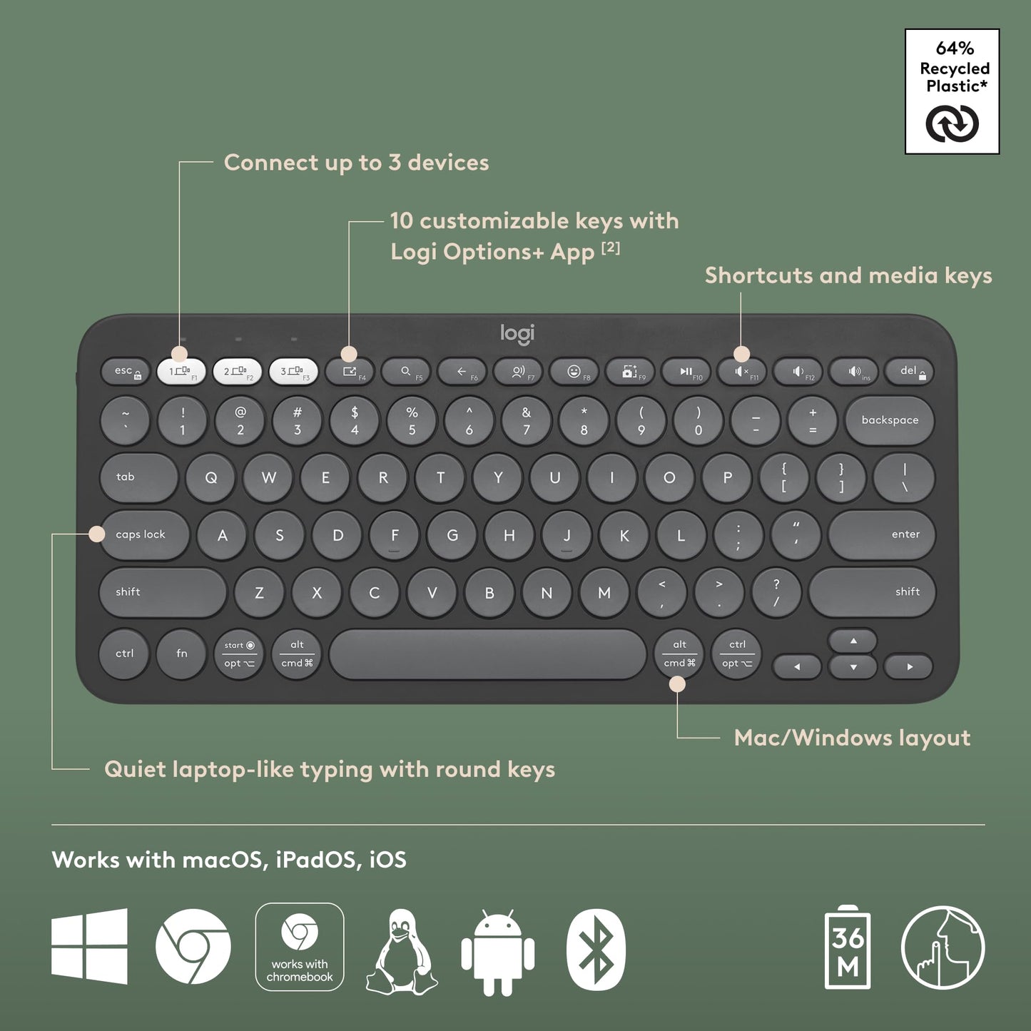 Logitech Pebble K380s Bluetooth Keyboard Slim Portable Design