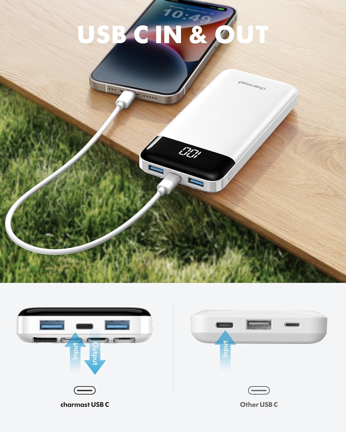 Charmast Slim 10000mAh Power Bank With Built In Cables