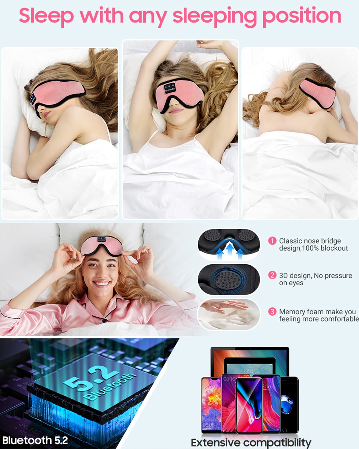 Sleep Headphones Bluetooth Eye Mask for Side Sleepers