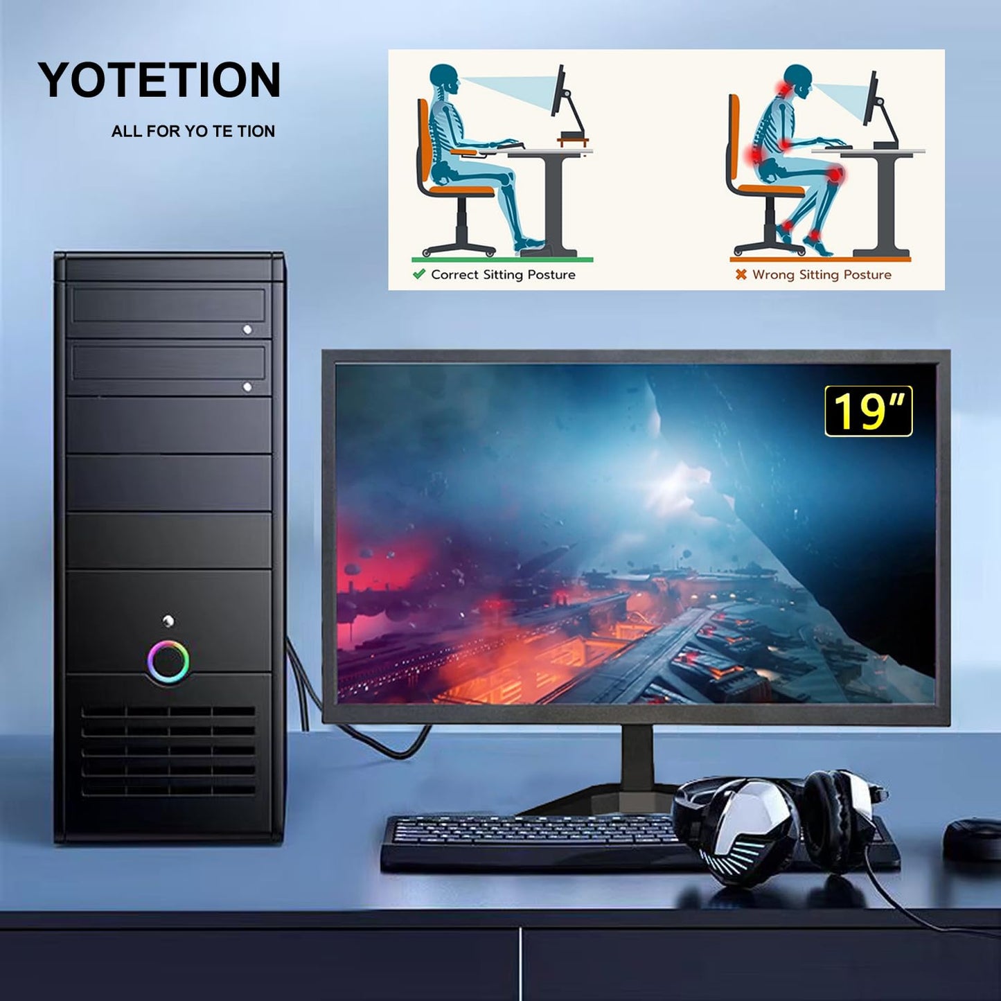 Yotetion 19 Inch Monitor 1440x900 75Hz HDMI VGA VESA 75mm
