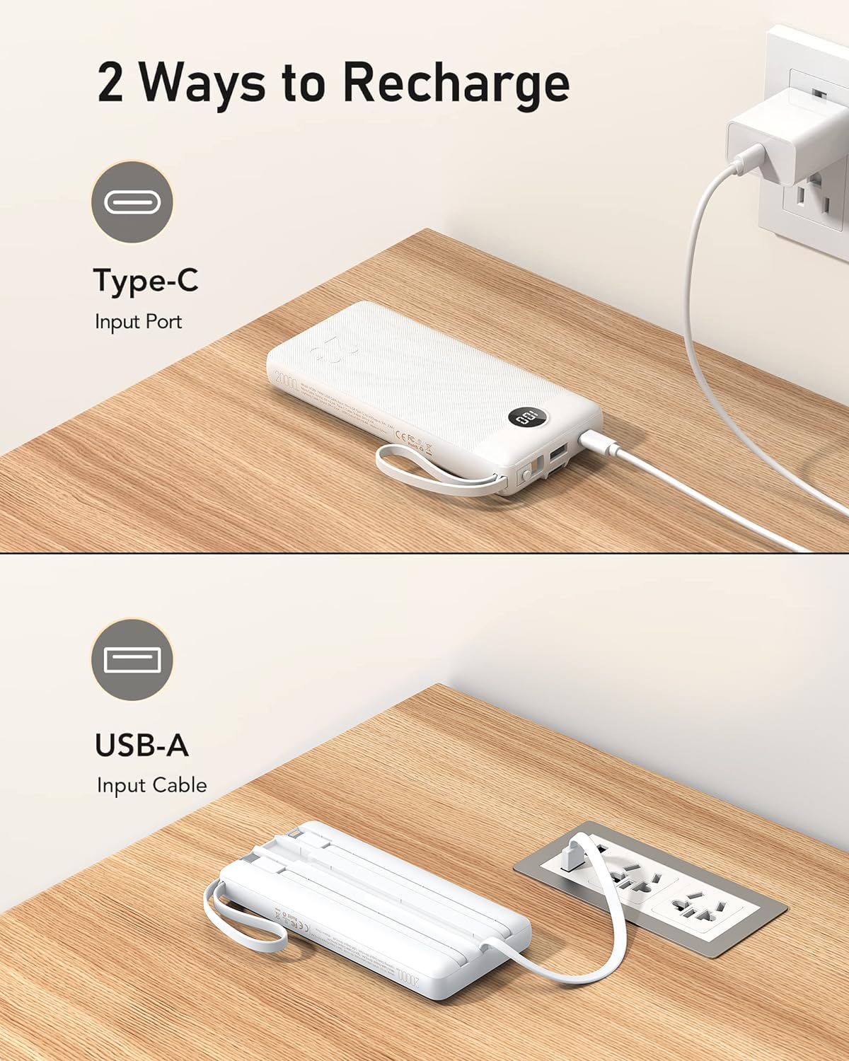 VEEKTOMX Portable Charger 10000mAh BuiltIn Cables Fast Charge