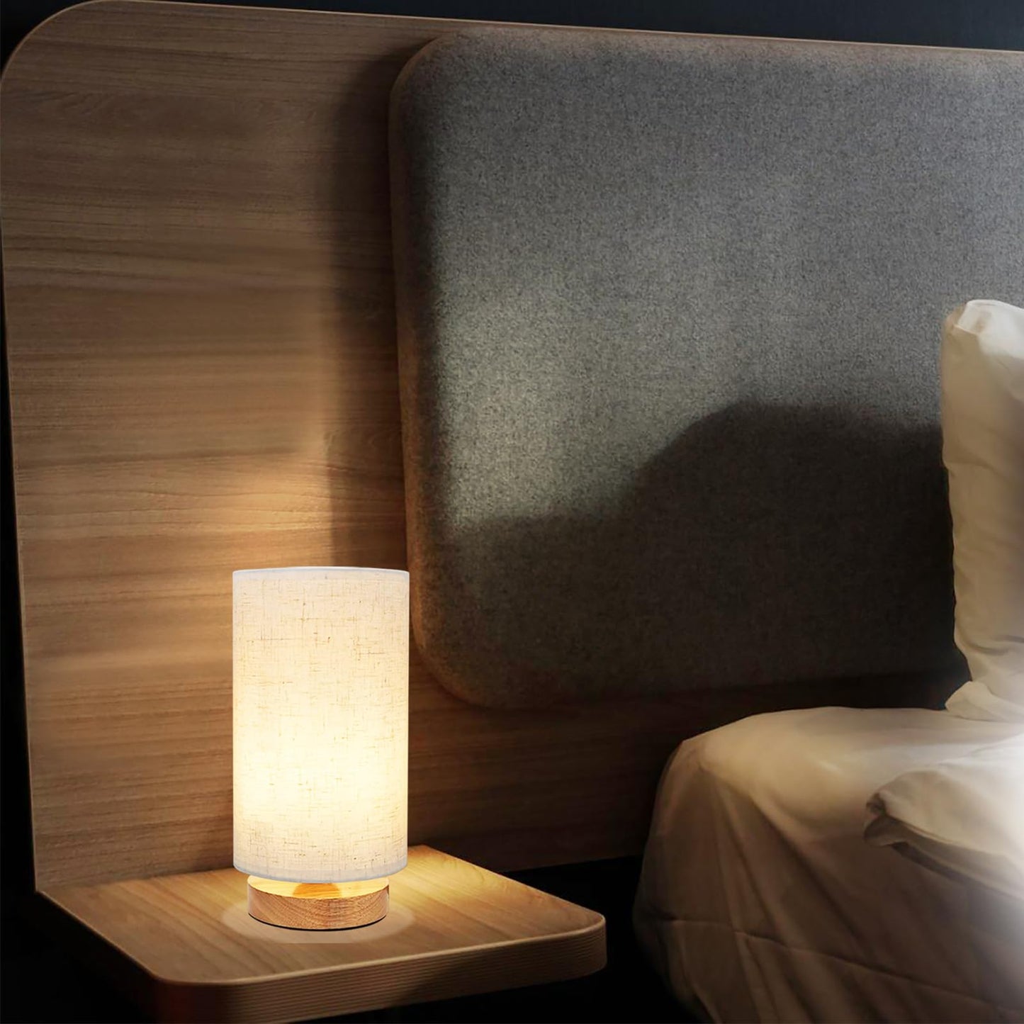 Small Bedside Lamp With Wood Base And Round Warm White Shade