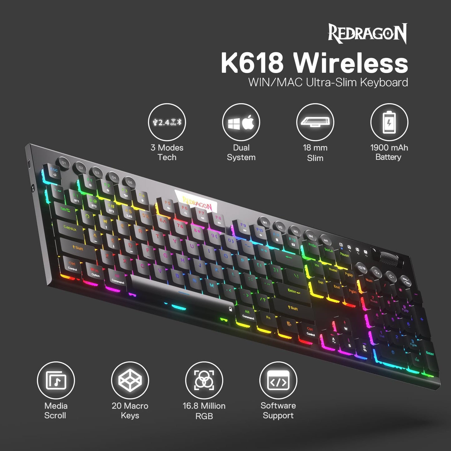Redragon K618 Pro Wireless RGB Mechanical Keyboard