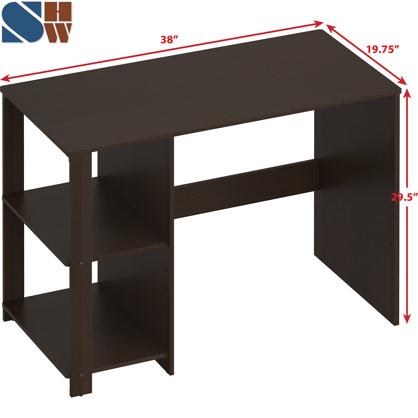 SHW 38 Inch Black Home Office Desk with Shelves