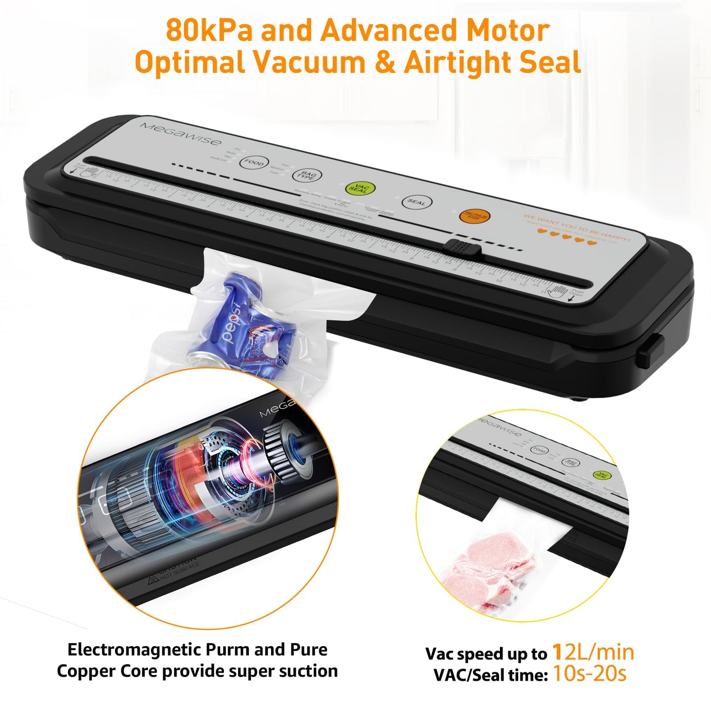 MegaWise Vacuum Sealer Machine With 80kPa Suction Power