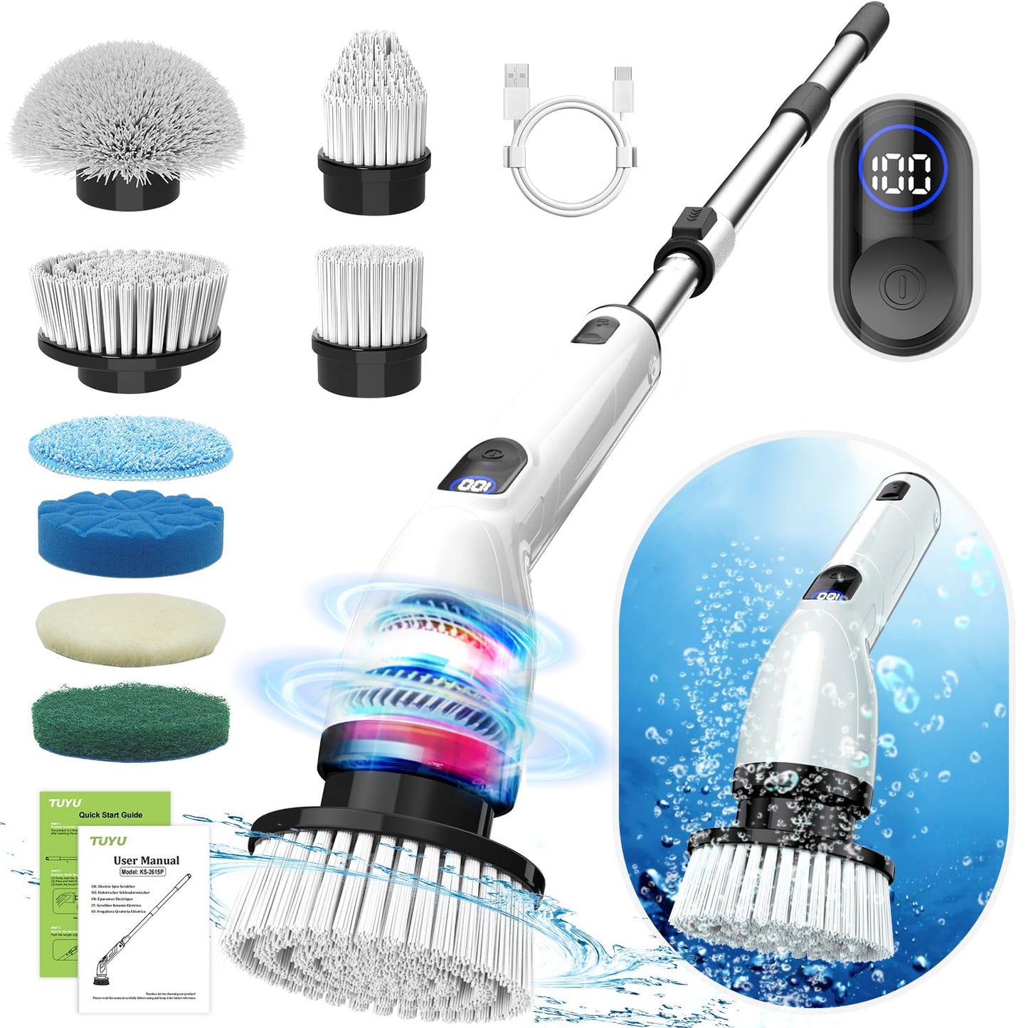 TUYU Electric Spin Scrubber Cordless IPX7 Waterproof