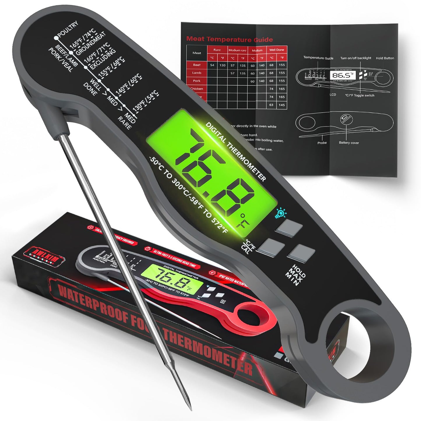 Digital Meat Thermometer Instant Read Waterproof Backlit Red