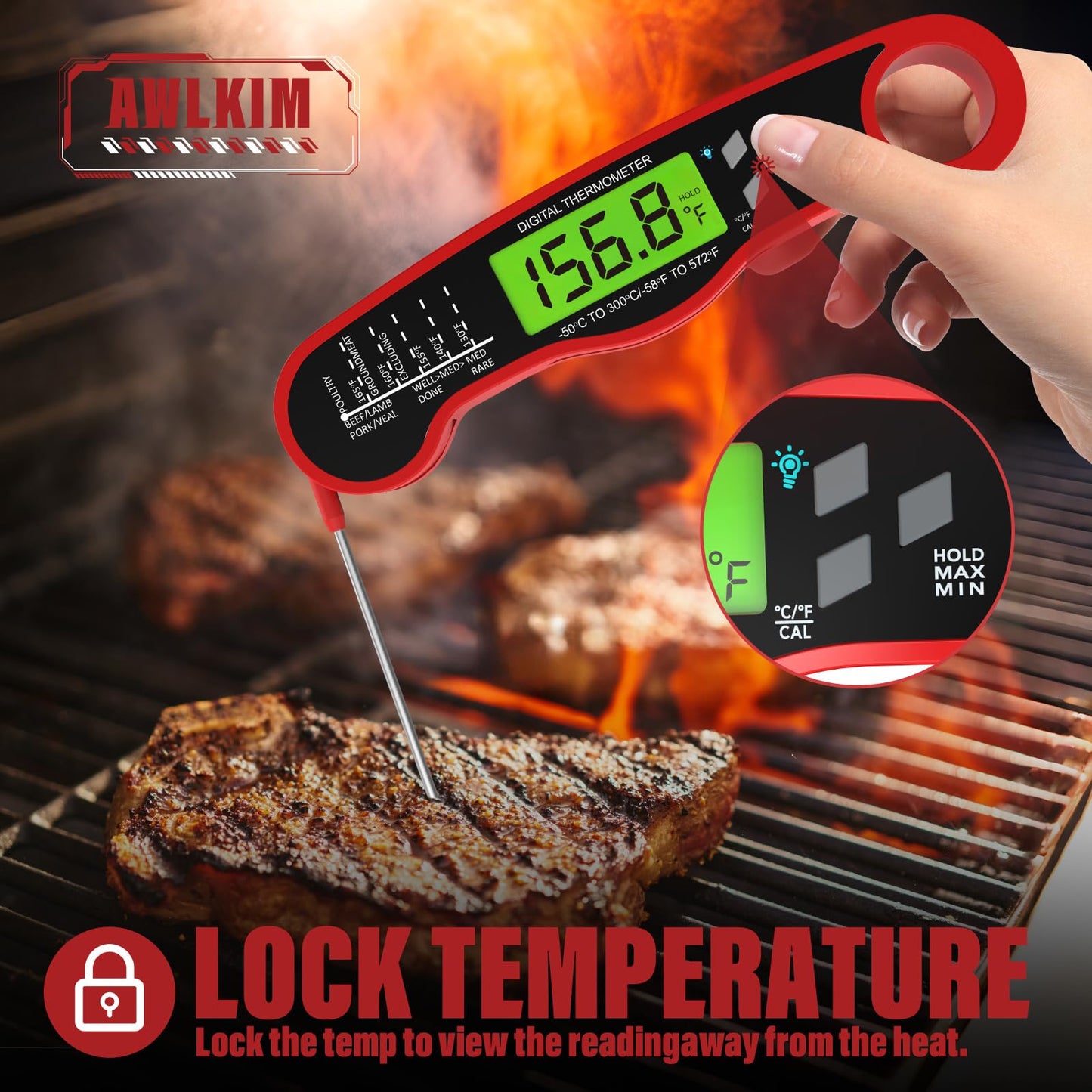 Digital Meat Thermometer Instant Read Waterproof Backlit Red