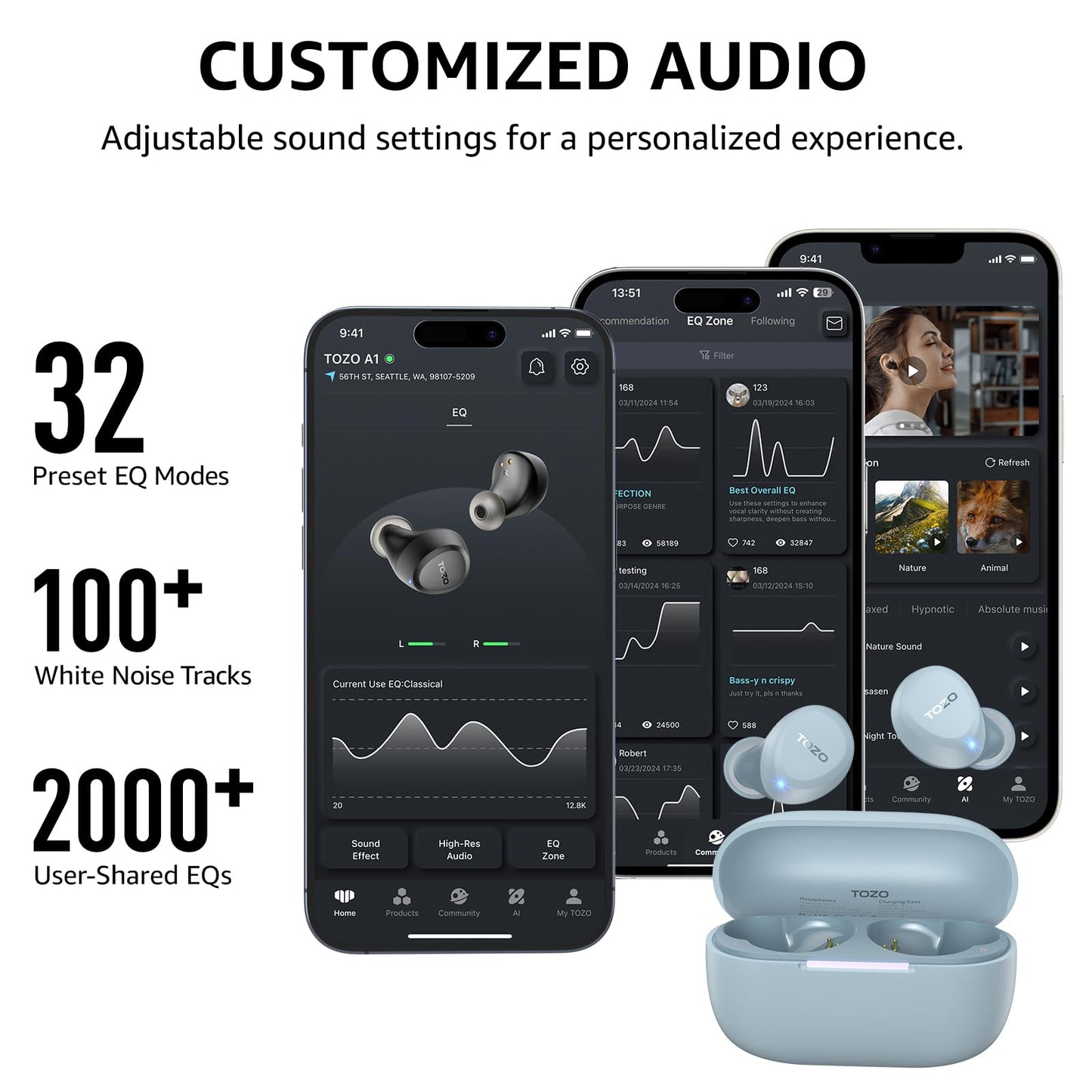 TOZO A1 Wireless Earbuds Bluetooth 5.3 Light Weight in Ear IPX5 Waterproof Headphones 2 Mic for AI Calls, Immersive Premium Sound Bass Headset with Charging Case, 32 Presets EQ Customization via App