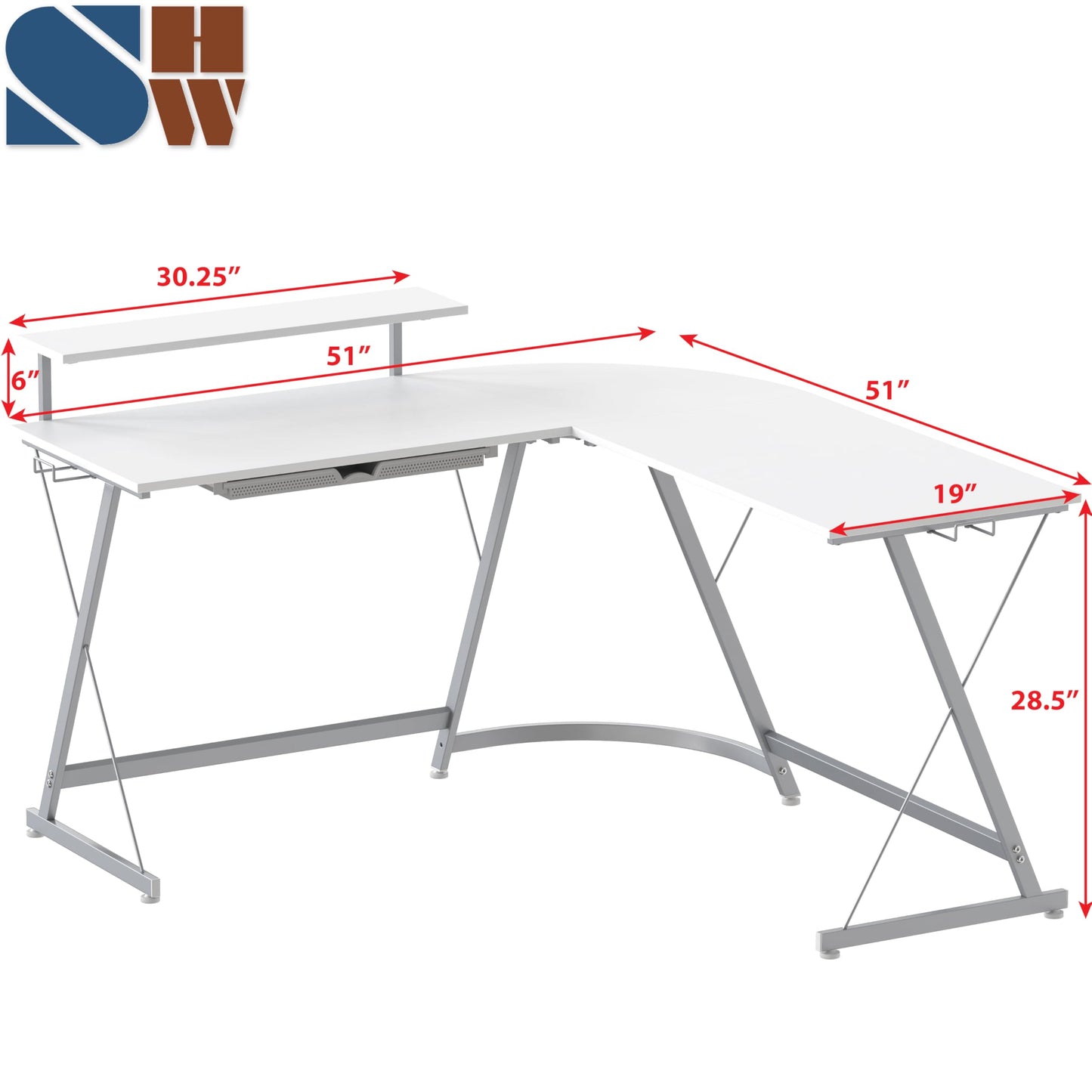 L Shaped Black Desk with Monitor Stand and Drawer